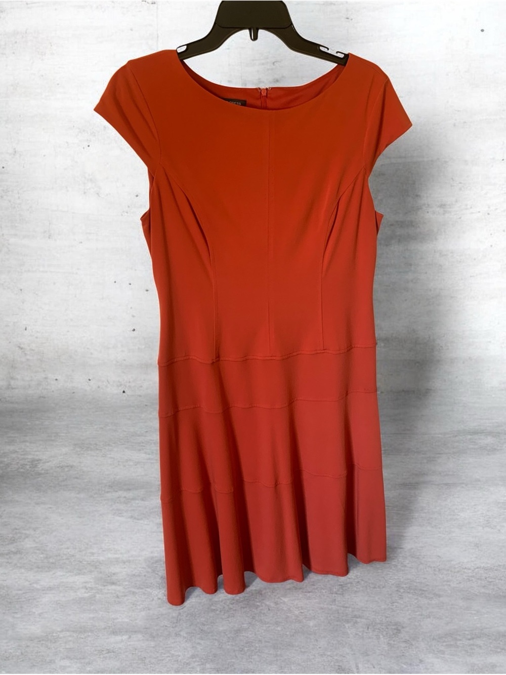 Jones Wear Coral Red Cap Sleeve Tiered Fit & Flare Dress Size 12 with Belt
